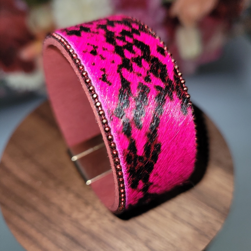 Fushia pink handmade faux cowhide bracelet